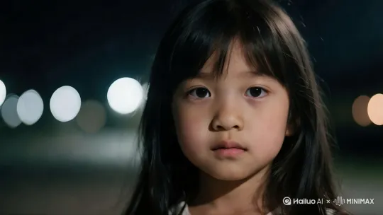 [固定镜头]小女孩目不转睛的看着镜头，眼睛里没有光亮 by Hailuo AI Video Generator