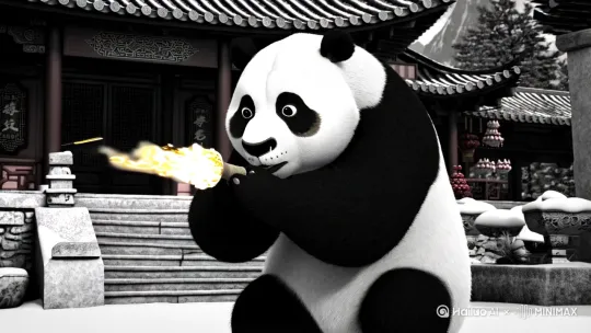 一只黑白相间的大熊猫蹲坐在春节装饰的庭院中，前爪举着点燃的红色鞭炮。炸开的鞭炮碎屑四散飞溅，大熊猫的右前腿毛发沾染暗红色血迹，背景的积雪地面覆盖着残留的鞭炮红纸，竹制围栏挂满褪色的春联。
使用提示词 by Hailuo AI Video Generator