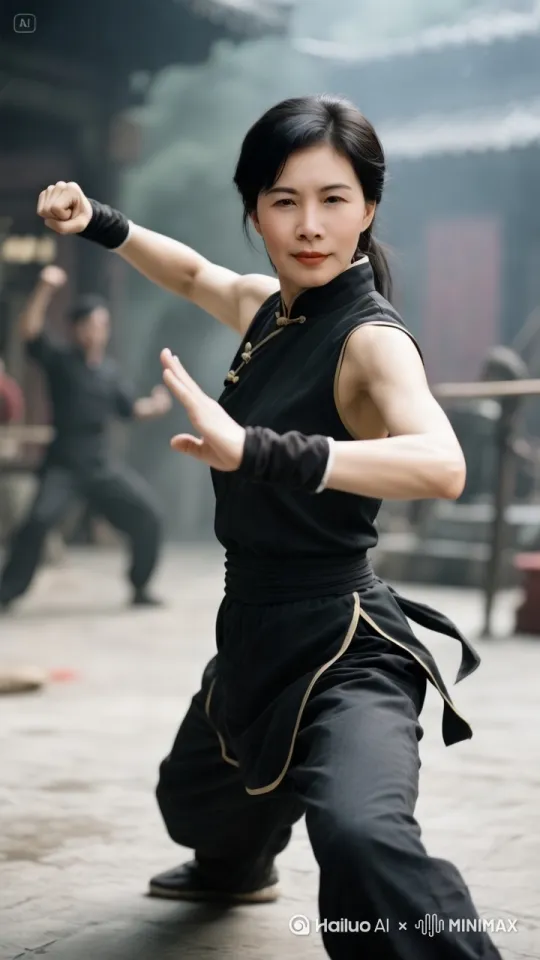 一位女子演示少林拳法，起势时气沉丹田，接着猛进舒展，跨步出拳，而后掠地翻身，尽显刚猛，最后收势归元。拳法演示中拳风刚劲，步稳如山，展现刚柔并济、禅武合一的境界。 by Hailuo AI Video Generator