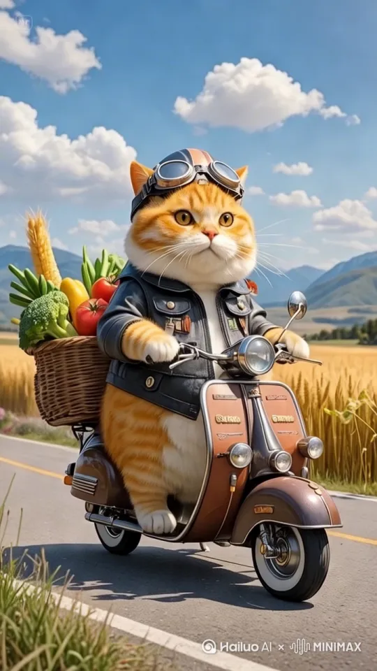 猫咪骑着摩托车在公路上行驶，速度正常偏快，镜头跟随 by Hailuo AI Video Generator