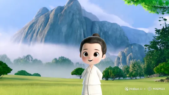 1. 场景一：诗童行至庐山下

◦ 提示词：

◦ 拍摄景别：全景

◦ 人物景别：全身

◦ 视角：平视

◦ 构图：三分构图，诗童位于画面左下方，庐山在画面右半部分。

◦ 核心主体：诗童、庐山远景

◦ 情绪动作：诗童背着双手，抬头仰望庐山，脸上露出惊叹好奇的神情。

◦ 环境场景：庐山连绵起伏，云雾缭绕，山脚处是大片草地与树木。

◦ 艺术风格：Q 版现代漫画风格，线条简洁流畅，人物和景物都富有童趣。

◦ 氛围光线：自然光，阳光明媚，给人以明亮开阔之感。

◦ 色调：以青绿色为主调，表现庐山的生机与葱郁，诗童的白唐装作为亮色点缀。

◦ 运镜语言：镜头从远处平移至诗童处，由远及近，让观众跟随诗童的视角逐渐看到庐山全貌，增强画面带入感。

◦ 风格色调：

◦ 参考风格关键词：Q 版漫画、童趣国风、简洁现代

◦ 画面质感：画面线条清晰，色彩鲜艳明亮，人物与景物有一定的立体感。

◦ 色调氛围：青绿色调营造出清新自然、生机勃勃的氛围，展现庐山的雄伟与美丽。
 by Hailuo AI Video Generator