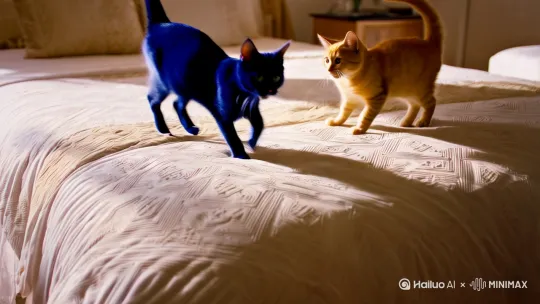 生成一只蓝色的小小猫和一只黄色的小小猫在卧室里的床跳来跳去 by Hailuo AI Video Generator