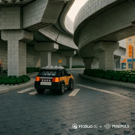 让车辆动起来，旁边出现一个乐高积木的蝙蝠侠拦车 by Hailuo AI Video Generator