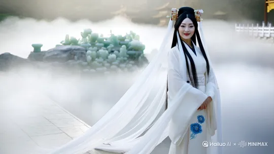 牡丹花身身穿白色拖尾汉服,绝世的容颜容颜,黑发如瀑长直,豪华高贵典雅琉璃头饰,五官端正,回眸一笑百媚生,身材纤弱,长长的白色长纱在长长的发钗两边绕了一圈垂到妖腿以下,裙上牡丹图印,裙尾拖曳着蓝白色的牡丹纹路与美丽,云雾升腾,白雾如纱氤氲缭绕,远方云雾弥漫,背景云雾弥漫隐隐可见远处有白玉栏杆更远的地方有金色宫殿建筑群在云海里若隐若现似有似无,真实人像高清写真超清晰摄影大师的用光,电影效果,花神仪态,抓拍角度专业 by Hailuo AI Video Generator