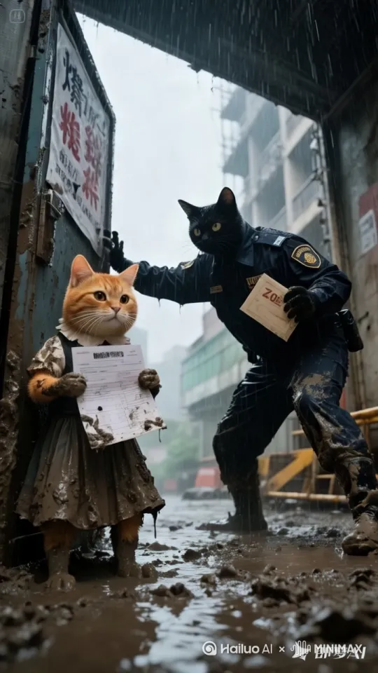 黑猫把门关上，并把橘猫推到在地上，黑猫嘴里骂骂咧咧 by Hailuo AI Video Generator