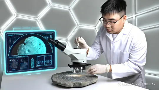 未来感十足的实验室中，年轻科研人员正通过高分辨率数字显微镜观察一块小行星样本。实验室内部整洁，模块化结构设计，伴有柔和的白光照射。悬浮的全息面板显示着矿物成分和元素图谱。研究员身穿合身的白色实验服，戴着实验手套，轻轻调整样本托盘，显微镜自动对焦。环境安静而专业。 by Hailuo AI Video Generator