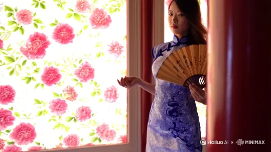 你的描述呈现了一个极具东方美感的画面，以下是针对视频创作的细化建议：

1. **人物动态设计**：
- 步态：建议采用0.5倍速慢动作，以猫步展现臀胯自然摆动韵律
- 手持道具：左手执苏工檀香扇半开，右手轻抚廊柱转折处
- 发丝细节：在廊间穿堂风中保持30%发丝飘动频率，避免过度凌乱

2. **环境光效处理**：
- 主光源：模拟丁达尔效应的柔光从45度角穿透花窗
- 补光方案：在腰臀曲线处设置3/4轮廓光，使用LED平板灯+柔光纸
- 光影节奏：通过移动格栅制造光斑在旗袍上流动的效果

3. **运镜方案**：
- 起始：俯角35度跟拍，重点捕捉肩颈至腰线动态
- 过渡：Dolly Zoom镜头突出空间纵深感
- 特写：Steadicam环绕拍摄臀腿曲线，保持1.5米跟焦距离

4. **材质表现要点**：
- 旗袍面料：建议使用120支真丝绡，确保走动时下摆呈现0.8秒延迟飘动
- 青花纹理：通过后期增加釉面反光效果，花纹密度控制在40%覆盖
- 配饰呼应：鎏银掐丝耳坠与瓷器纹样形成材质对比

5. **后期特效建议**：
- 色彩分级：在阴影部加入5%群青冷调，高光区保留暖琥珀色
- 动态模糊：在转身瞬间添加径向模糊，强度设置0.3-0.5区间
- 氛围元素：在背景添加水墨晕染效果，透明度控制在15%-20%

这个方案在保留传统元素的同时，通过现代影像技术强化视觉记忆点。建议使用ARRI Mini LF搭配Cooke S7i镜头组，在后期时注意保持旗袍青花图案的矢量锐度，避免压缩失真。若需要强化艺术效果，可考虑在转场时加入釉色流动的粒子特效。 by Hailuo AI Video Generator