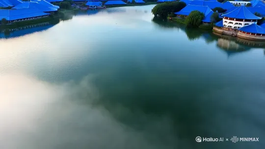 无人机90°垂直俯拍鉴湖水面，乌篷船划过形成公司LOGo（新画面）波纹，RED KOMODO 6K 120fps升格，晨雾密度0.7，HDR高光保留青瓦细节，波纹算法使用FFT实时模拟 by Hailuo AI Video Generator