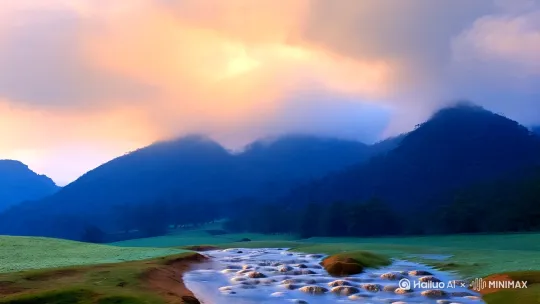 晨雾将黛色山峦裹成半融的软糖时，野樱正把粉白花瓣揉进溪流的酒窝。云影是打翻的羊群，跌跌撞撞滚过草甸，沾了满身薄荷色的露水。风踮脚穿过松林，针叶便簌簌抖落金箔般的阳光，惊起两三声翠鸟的啼鸣，在潭水中撞出粼粼波光。

午后光线在梯田上折出七重褶皱，新插的稻秧像千万支蘸饱春水的笔锋。蒲公英撑开毛茸茸的伞盖，驮着蝴蝶遗落的鳞粉，掠过正在打盹的紫云英花海。远山浮在氤氲里，宛若被雨水洇湿的宋画，墨色顺着山脊缓缓流淌，漫过采茶人竹篓里清脆的绿。

暮色给云絮镶上熔金滚边时，整座山谷开始酿造琥珀色的黄昏。归鸟剪影掠过芦苇荡，搅动一池星子早产的微光。直到月亮从青瓷碗似的湖泊中升起，碎银般的涟漪里，萤火虫正提着灯笼打捞沉入水底的银河。 by Hailuo AI Video Generator
