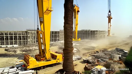 全景镜头：烈日下的繁忙工地，黄色塔吊高耸，背景有未完工的混凝土建筑和堆放的材料，尘土飞扬
2. 中景特写：生锈的吊车钢缆缠绕着20吨螺纹钢筋（直径25mm），钢筋末端呈现弯曲变形状态
3. 机械细节：液压支腿下方地基有明显水渍，左侧支撑垫板已陷入松软土层3cm

【事故过程】
4. 动态镜头：吊臂旋转至临界角度时，钢筋突然剧烈摆动（物理模拟：30°振幅）
5. 关键帧：液压系统压力表指针急速飙升至红色警戒区（特写镜头）
6. 翻车瞬间：右侧支腿离地1.5米，驾驶室玻璃爆裂，钢筋如瀑布般倾泻（慢动作0.5倍速）

【灾难细节】
7. 材料飞散：钢筋落地弹跳3次，撞飞堆放的PVC管材（加入金属碰撞音效）
8. 环境反应：工人安全帽飞落，扬起的尘土形成蘑菇云（粒子效果）
9. 最终画面：侧翻吊车液压油泄漏形成油渍反光，驾驶室警报器持续闪烁

【增强要素】
10. 添加风速指示：吊臂上的风向袋呈90度紧绷状态
11. 时间标注：事故发生在14:32分（时钟特写）
12. 警示标志：画面角落出现被压倒的"当心吊装"安全标识牌
-----

建议使用参数：
- 分辨率：4K HDR
- 帧率：事故瞬间切换60fps
- 色调：前期正常饱和度，事故后转为青灰色调
- 音效：金属扭曲声→液压爆裂声→钢筋撞击声的三段式音频结构 by Hailuo AI Video Generator
