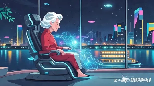 画面：
卡通张女士坐磁疗椅微笑，显示出很享受的样子，设备发出蓝色光波，显示出身体逐渐飘上去，窗外长江游船灯光闪烁。
提示词：
“卡通风格，1:1比例，江景治疗室，老大娘坐科幻磁疗椅，设备蓝光波纹，窗外夜游船霓虹，赛璐璐动画质感” by Hailuo AI Video Generator