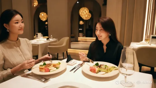 两位女士（闺蜜）面对面对坐着，做坐在高端餐厅，一边聊天一边吃饭的场景，要求真实高清 by Hailuo AI Video Generator
