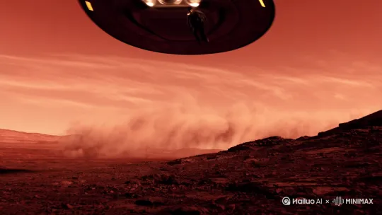我驾驶着圆形的宇宙飞船降落在火星地面，我从宇宙飞船中走下来。正遇上正好遇上了在火星上的外星人，于是乎我们就在火星上展开了激烈的战斗，战斗场面是炮火纷飞，硝烟弥漫。十分激烈和残酷的那种战斗场面。地球 by Hailuo AI Video Generator