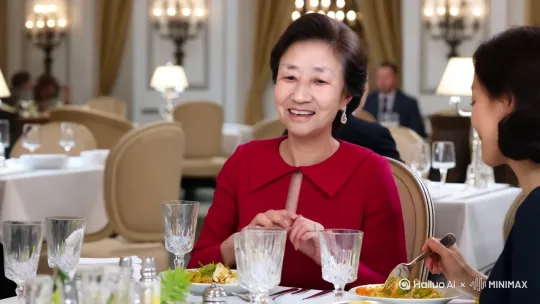 帮我生成一张图片，两位女士（闺蜜）面对面对坐着，做坐在高端餐厅，一边聊天一边吃饭的场景，要求真实高清 by Hailuo AI Video Generator