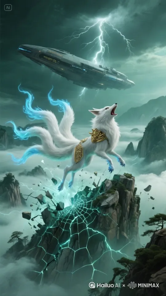 场景描述：黄山云海被能量冲击波震出蛛网状裂痕；主体描述：九尾狐雪白毛发间浮现金色甲骨文闪耀，九条尾尖燃着幽蓝狐火，动作描述：异兽仰天长啸引发雷暴击打在外星船身，船身爆炸特效，跃起冲击外星船体瞬间全身变化为一道闪电消失，山体呈冲击波纹状崩裂崩塌。视觉风格：青绿山水与玄幻粒子特效交织，水墨皴法表现岩石肌理；氛围：上古威压与量子化灵气共振的维度撕裂感；技术细节：Houdini制作山体破碎特效， 镜头上升➕推进➕跟随 by Hailuo AI Video Generator
