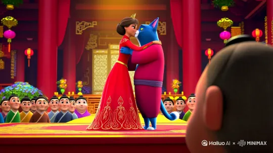 美丽的公主和蓝色的胖猫舌吻，胖猫抱着公主结婚，中式婚礼，底下全是王子 by Hailuo AI Video Generator