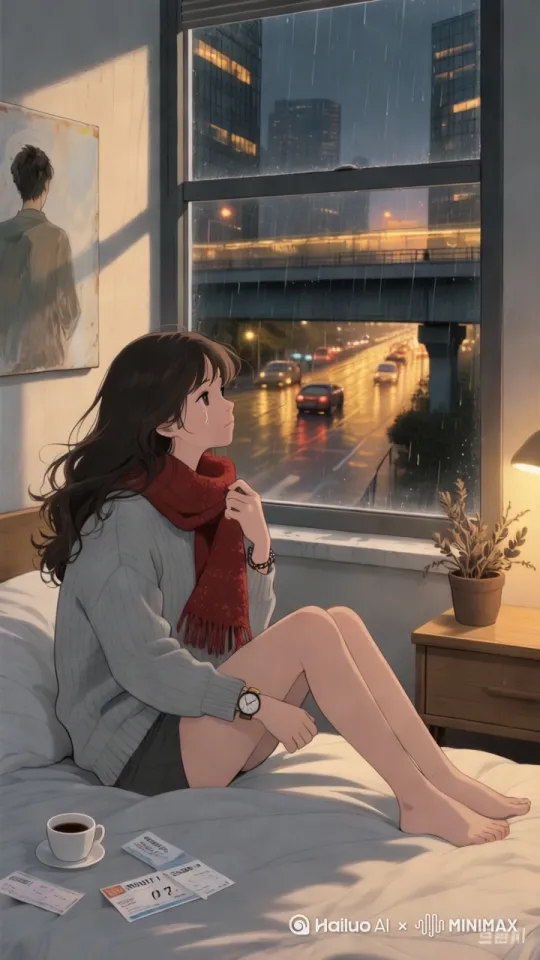 窗外下着雨，车辆在行走。女孩抚摸自己的头发 by Hailuo AI Video Generator