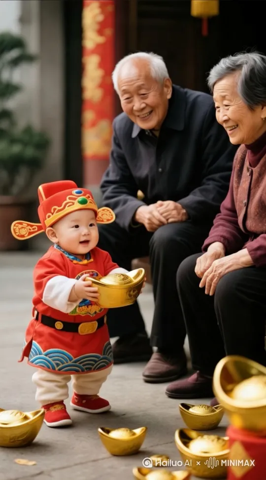 小财神把元宝交给爷爷奶奶们，空着手笑着走来，爷爷奶奶拿着元宝挥手告别 by Hailuo AI Video Generator