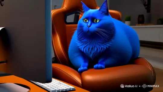 一只蓝色的胖猫坐在家里的电竞椅上玩着电脑游戏， by Hailuo AI Video Generator