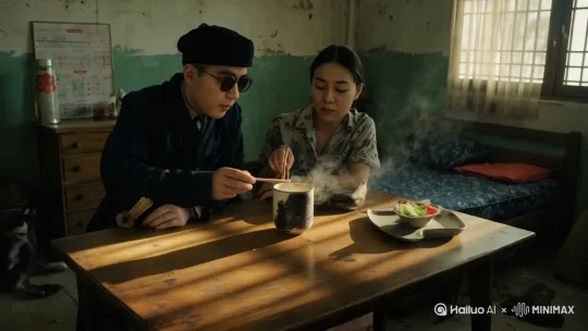 画面的人物在吃着饭，镜头缓慢推进，脚下一只小猫懒散的从下面走过，智能运镜 by Hailuo AI Video Generator