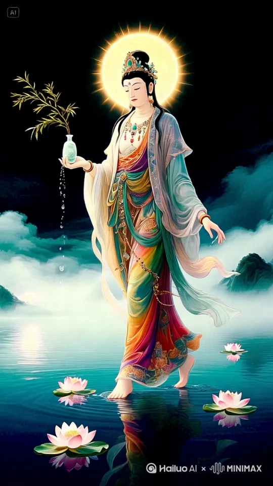帮我生成一个视频:镜头慢动作稳定跟踪,平移镜头,人物缓缓向前移动,动,图中的人物每只脚都款款踏莲而来,眼睛微微张开,嘴唇微张说话的样子, 左手拿起右手边花瓶里柳枝做出向前挥洒的动作,挥出枝头有水滴掉落落的画面,有手里的花瓶在左手拿起柳枝是呈现出空的状态,双脚向前迈步款款前行,头顶的光圈闪闪发光,有光晕的感觉,衣服向后缓缓飘动,飘动,水波荡漾,背后的云雾缓缓的流动,海水跟随脚步荡起水的波纹,莲花随着人物的向前的动作上下沉浮相随,比例 9:16。8秒的视频 by Hailuo AI Video Generator