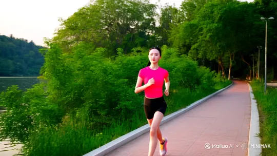 初夏的早晨，武汉东湖绿道，一个美女在跑步，肤白貌美大长腿，黑色马尾，玫红色运动短袖 T 恤，黑色运动短裤。 by Hailuo AI Video Generator