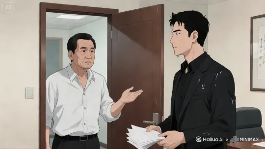 固定镜头，时长 12s ，时间轴控制在江宏伟询问、叶峰回答、门拉开的过程，人物有对话、捡文件、开门动作，符合现实物理规则。 by Hailuo AI Video Generator
