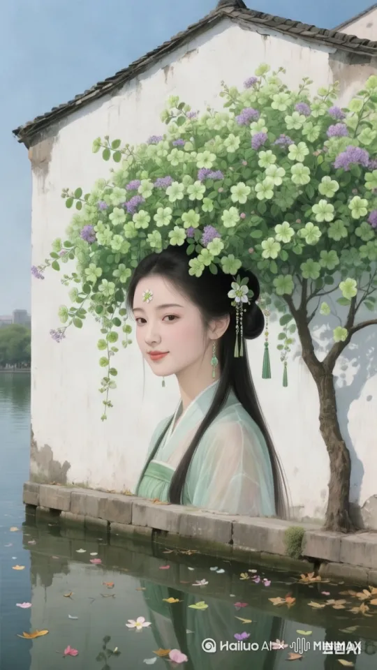 帮我生成一个视频：摄像机位慢慢往左移动，镜头始终集中人物面部，并稍微推近。花朵随风摆动，河水慢慢流动，人物头发也随风飘动。人物对镜头微笑，双眼含情脉脉看着镜头。略显羞涩。4K高清视频，比例 9:16。 by Hailuo AI Video Generator
