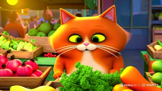 真实感照片风格，电影级光影，60 fps ，稳态防抖
【镜头1】胖橘猫，拟人，在菜场买菜，近景﹣﹣硬切
【镜头2】胖橘猫，拟人，在肉摊贩这里买肉，中景﹣﹣硬切
【镜头3】胖橘猫，拟人，骑着蓝色的小摩托，近景﹣﹣硬切
【镜头4】胖橘猫，拟人，在餐厅吃牛排，近景，光线渐暗收尾 by Hailuo AI Video Generator