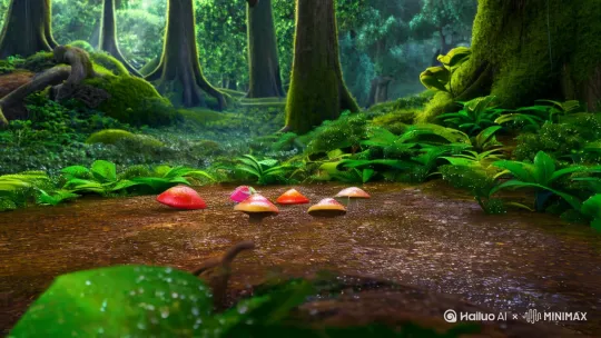 一群小蘑菇精灵在雨后钻出来快乐舞蹈 by Hailuo AI Video Generator