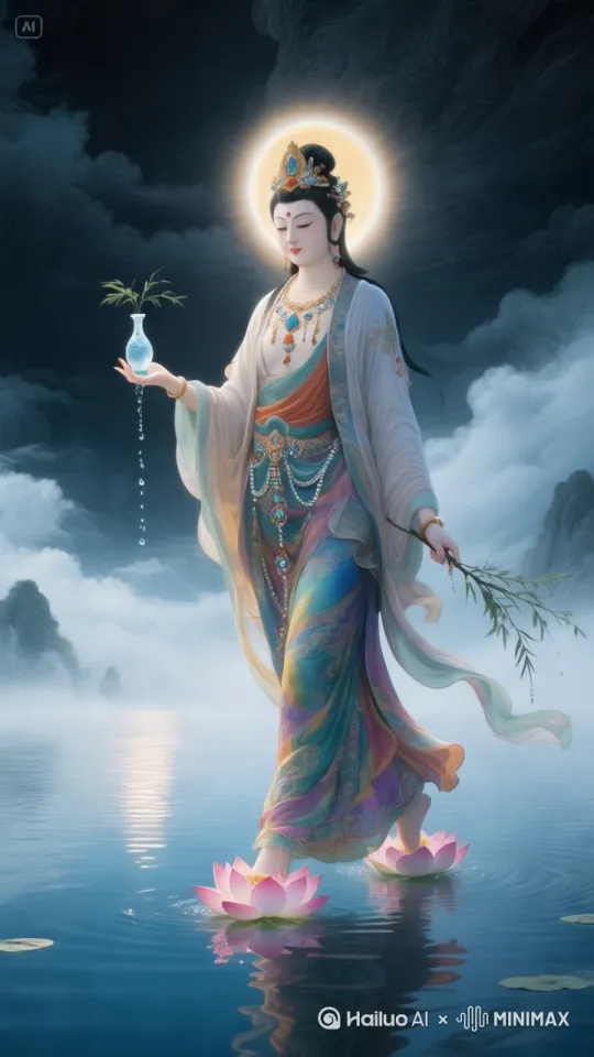 帮我生成一个视频:镜头慢动作稳定跟踪,平移镜头,人物缓缓向前移动,动,图中的人物每只脚都款款踏莲而来,眼睛微微张开,嘴唇微张说话的样子, 左手拿起右手边花瓶里柳枝做出向前挥洒的动作,挥出枝头有水滴掉落落的画面,有手里的花瓶在左手拿起柳枝是呈现出空的状态,双脚向前迈步款款前行,头顶的光圈闪闪发光,有光晕的感觉,衣服向后缓缓飘动,飘动,水波荡漾,背后的云雾缓缓的流动,海水跟随脚步荡起水的波纹,莲花随着人物的向前的动作上下沉浮相随,比例 9:16。8秒的视频 by Hailuo AI Video Generator