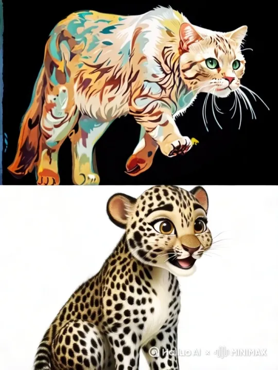 主要角色定型
老斑豹:猫科动物，面部显出凶残样，身上的皮毛多为褐色，带斑点和条纹。
小斑豹，呆萌，浅褐色皮毛也有斑点。

26，远景，
一只广东老斑豹带着小斑豹一前一后在 俏悄向坡鹿靠近。                           10秒   有乌鸦叫声。
卡通皮卡斯风格。3D超高清画质。 by Hailuo AI Video Generator