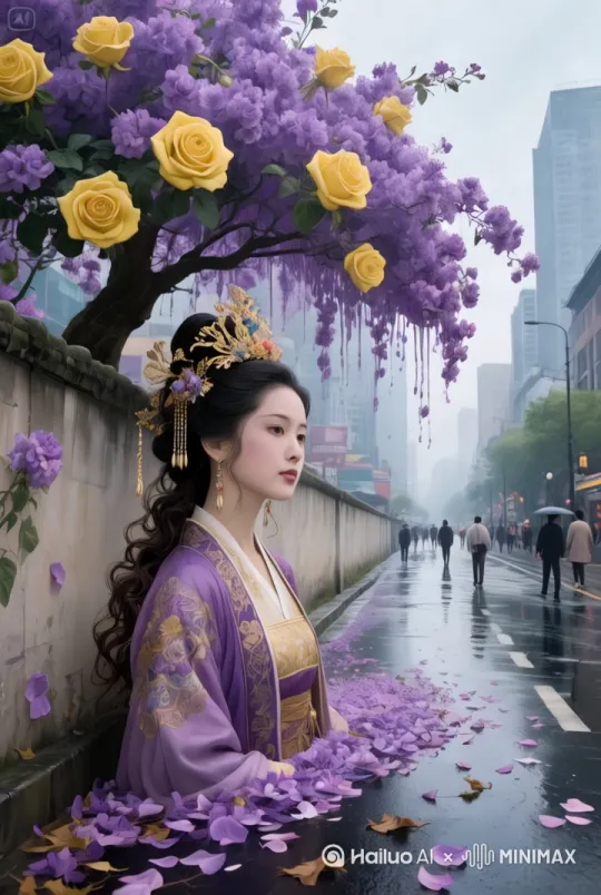 人物不动，不变形，不扭曲，头发不要动，不眨眼睛，风吹动花，花随风左右援动，周围很多蝴蝶飞舞［右移，左摇，跟随」花瓣興落 by Hailuo AI Video Generator