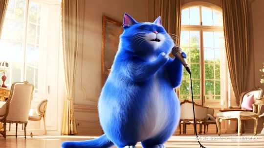 一只可爱的蓝色胖猫在别墅里面拿着麦克风唱歌 by Hailuo AI Video Generator