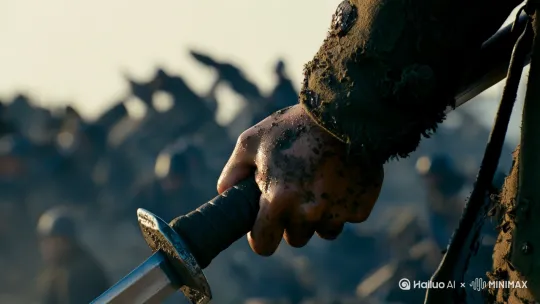 China,Extreme close-up of soldier's mud-caked hand gripping broken sword hilt, reflected flames in eyes showing burning resolve, Zhang Yimou's psychological intensity style, forensic-level skin texture with sweat and grime, shallow focus on war-torn battlefield behind   --ar 2:1` by Hailuo AI Video Generator