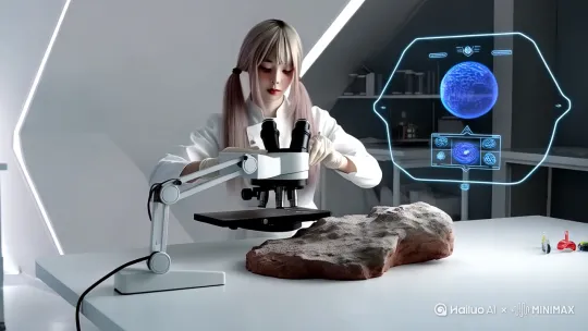 未来感十足的实验室中，年轻科研人员正通过高分辨率数字显微镜观察一块小行星样本。实验室内部整洁，模块化结构设计，伴有柔和的白光照射。悬浮的全息面板显示着矿物成分和元素图谱。研究员身穿合身的白色实验服，戴着实验手套，轻轻调整样本托盘，显微镜自动对焦。环境安静而专业。 by Hailuo AI Video Generator
