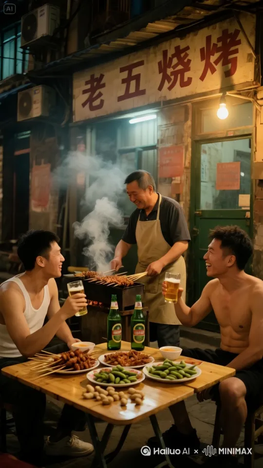 两个有说有笑，边吃边喝，烧烤师傅也正在烧串，往肉串上洒孜然，忙极了，烟也正在袅袅升腾，很温馨的面面，固定镜头 by Hailuo AI Video Generator