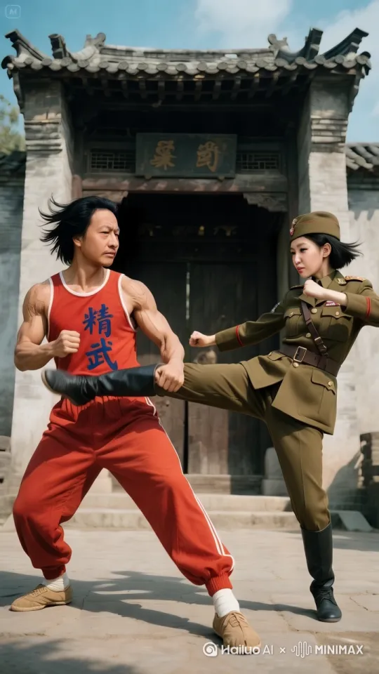 男人前空翻双脚轮换踢左踢右踢右踢左踢右踢左踢左踢右踢女人的头你的女人惨叫连连，不停的后退样子恐怖，脚脚带血，男人不停的吼叫 by Hailuo AI Video Generator