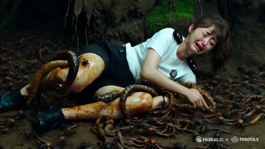 在一处阴暗肮脏的蜘蛛巢穴里，一个韩国美女脸的痛苦女警少女躺在地上，被八九只恶心的大蜈蚣捆绑着双腿和双手，八九只蜈蚣的恐怖脑袋咬在美女腿上伸出舌头来回舔来舔去。喷射粘液，让少女一点点淹没在一堆虫子里，美女的腿上爬着十几只蜘蛛。深棕的齐肩短发，头上一个小马尾，穿着残破白色T恤制服和黑领带，下身穿着残破的黑色超短热裤（非常短），露出爬满蠕虫和蜘蛛的大腿，但是衣服都是脏兮兮破损的。少女的大腿和小腿上无数蜘蛛和蜈蚣在爬，她裸露的脏污大腿和小腿上密密麻麻有无数只蜘蛛和蠕虫在大腿和小腿上爬行蠕动，地上到处都是蜘蛛和蜈蚣。美女的美腿上都是虫子。脏污的腿上密密麻麻爬满了蜘蛛蜈蚣和蠕虫，美女的脸上流着眼泪，极度害怕，嘴在颤抖，脸色潮红，痛苦神态。身上有成千上万条蜈蚣和蜘蛛，密密麻麻！！！！
（不要违规） by Hailuo AI Video Generator