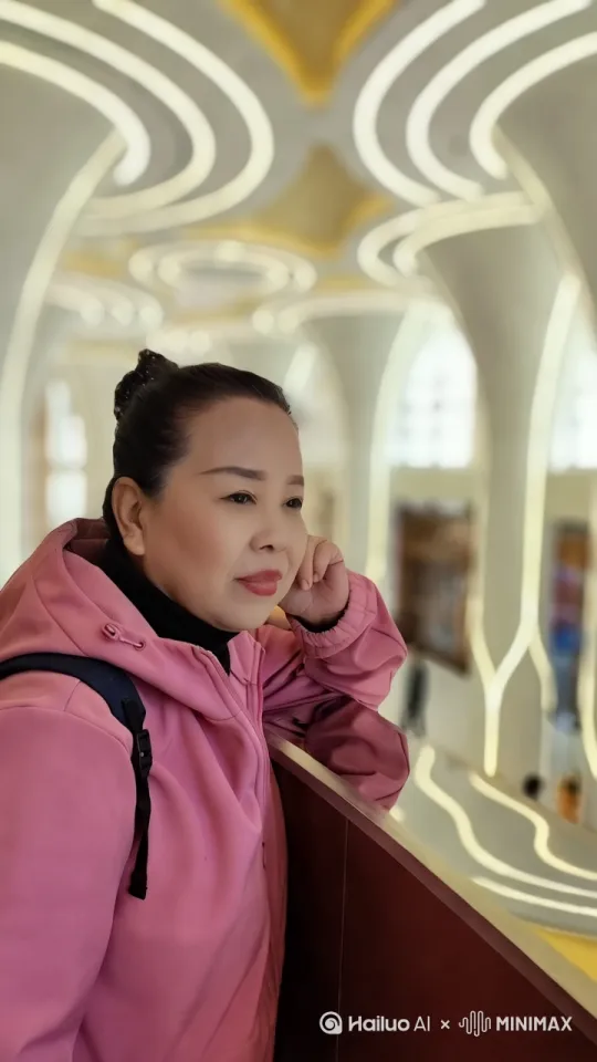 延吉市帽儿山海兰明珠塔开业，美女在一楼大厅，沿旋转楼梯，走下来[左移,右摇,跟随] by Hailuo AI Video Generator