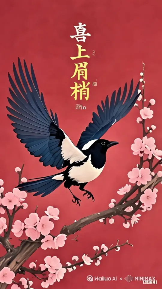 喜鹊从远处飞来，落在梅花的枝干上 by Hailuo AI Video Generator