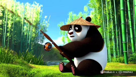 一只带草帽的熊猫钓鱼佬，钓到一只大乌龟，在激烈的拉扯鱼竿 by Hailuo AI Video Generator