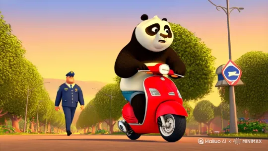 请帮我写一篇大熊猫送哪吒去上学，因为没有戴头盔，被交通警察拦住，经过教育批评教育认识到自己的错误。要求字数300以内，并且符合短视频的常规逻辑，可以在剪映中直接使用 by Hailuo AI Video Generator
