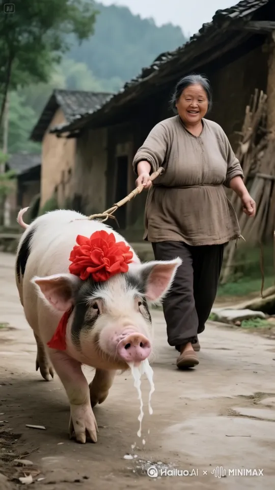 大师运镜，动态跟随，大妈使劲抽打猪，猪劲挣奔跑上，产生很多灰尘。大妈如武功高手连续空翻跳，跳在猪身上坐着。场面非常搞笑。 by Hailuo AI Video Generator