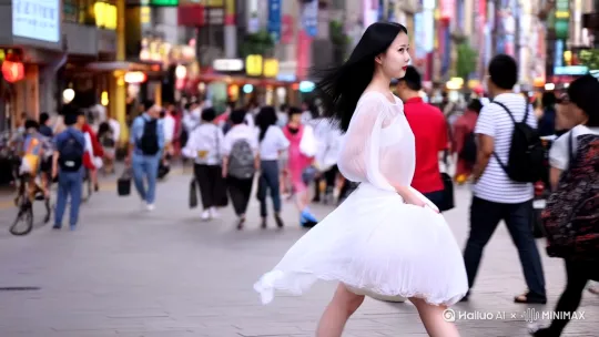 武汉江汉路步行街，街拍，一个年轻漂亮的女人，肤白貌美，梨型身材，翘臀大长腿，气质优雅，黑色长发，白色纱裙，衣袂飘飘。[右移,跟随] by Hailuo AI Video Generator