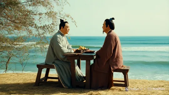 海边，唐朝的诗人李白遇见了宋朝的苏轼，电影感。两个人把酒言欢！镜头先推进，后定住，再拉远！ by Hailuo AI Video Generator