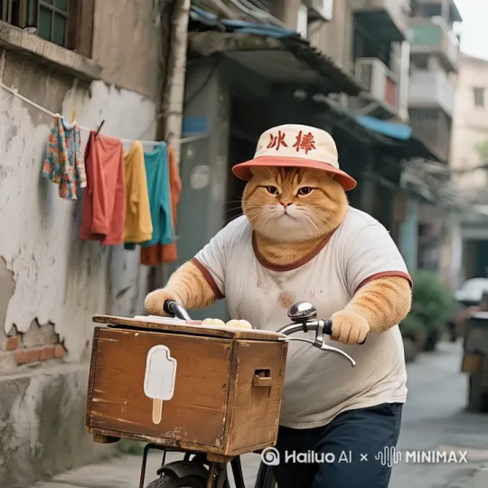 胖橘猫推着自行车走 by Hailuo AI Video Generator
