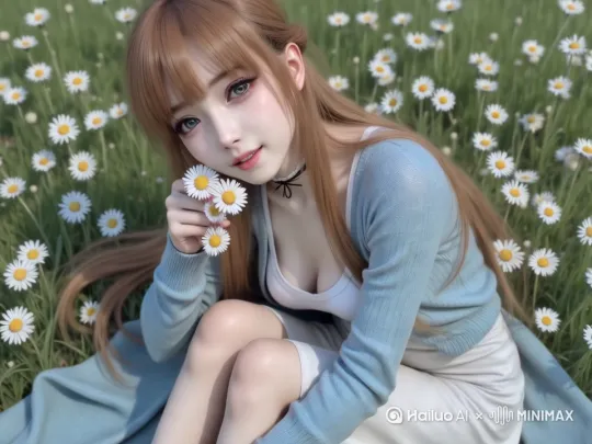 视频片段捕捉了一场田园诗般的场景，一位穿着浅蓝色针织开衫与白色飘逸长裙的女孩，坐在一片生机勃勃的绿色草地上，四周环绕着盛放的白色雏菊。她手中轻握一束雏菊，营造出一幅温馨而梦幻的画面。女孩时而低头闻花，时而望向远方。镜头以流畅的跟随拍摄，捕捉她每一个自然的动作，从特写到全景，展现出她与大自然和谐共融的美好瞬间。唯美日系风格，中近景与远景交织，记录下这充满生命力与纯净之美的时刻。 by Hailuo AI Video Generator