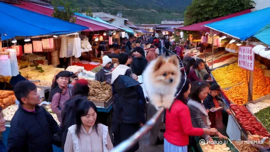 在中国充满烟火气的农村大集场景中，人群簇拥，热闹非凡，摊位上摆满琳琅满目的商品。一只萌态十足的可爱小狗，浑身毛茸茸，眼神灵动，正小心翼翼地在高悬的钢丝上表演杂技走钢丝，小狗步伐谨慎，憨态可掬，周围人群或惊讶或欢笑。专业的构图，达芬奇大师级调色。 by Hailuo AI Video Generator