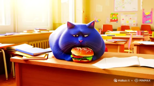 一只蓝色的胖猫在教室里吃汉堡 by Hailuo AI Video Generator